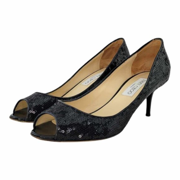 AUTHENTIC JIMMY CHOO Isabel Sequined Peep Toe Pump Sz 37 IT (US 7) - Black - Picture 5 of 10